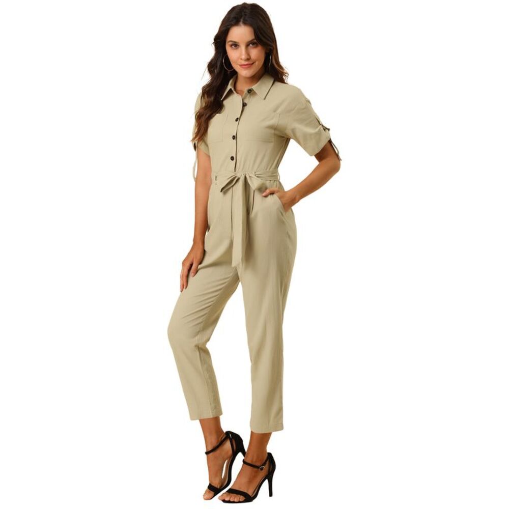 Short Sleeve Collared Cropped Button Down Tie Waist Cotton Cargo Jumpsuit Khaki